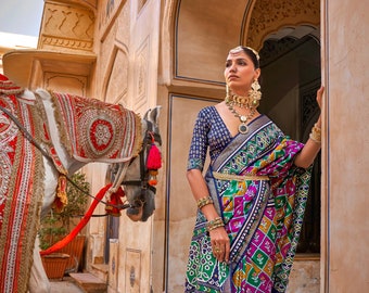 Contrasting Blue Multi colour Patola Saree on silk With Elegant Gold Print | Contrasting saree | Patola Print Saree | Designer Saree