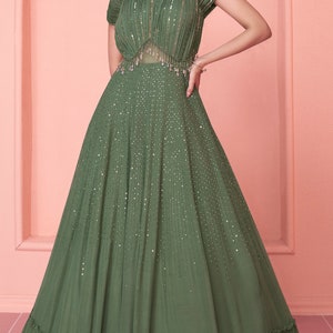 Exclusive green gown on pure georgette with indian inspired touch with embroidery image 4