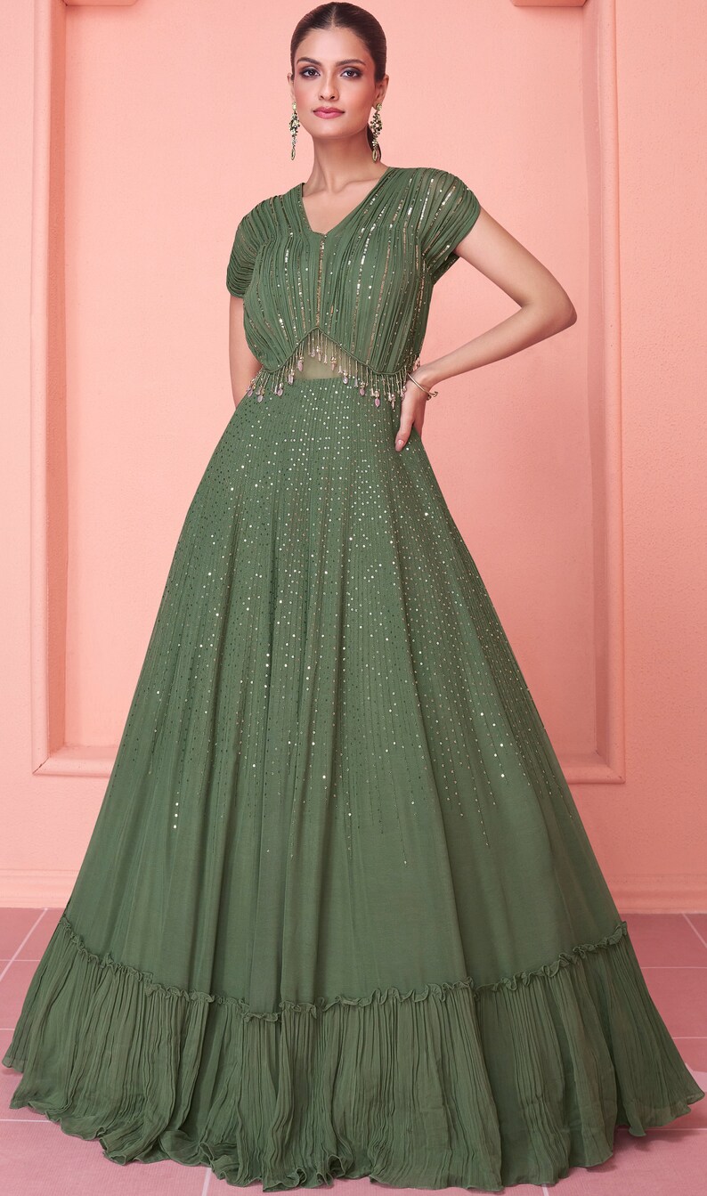 Exclusive green gown on pure georgette with indian inspired touch with embroidery image 4