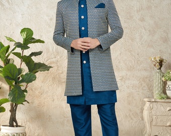 Exclusive Dark Blue Thread and Lukhnowi Work Indo Western, Sherwani | Indian Traditional Mens Wear.