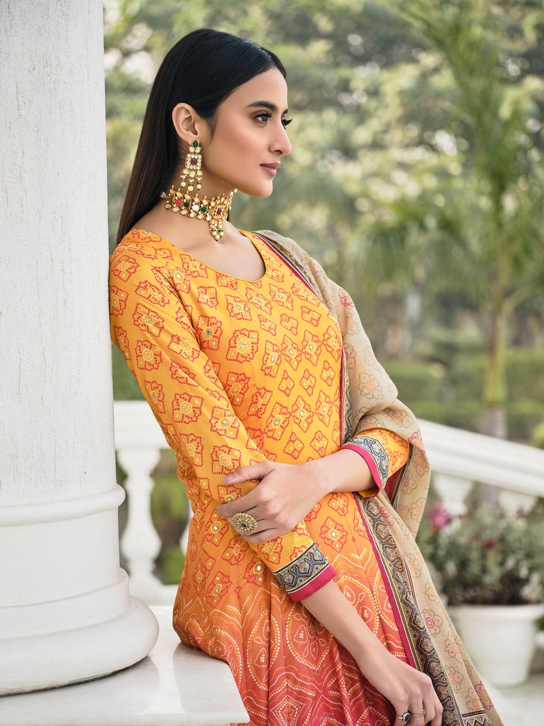 Shaded orange Bandhni Print Gown with Hand work Designer Latkan Kali and Duppatta gown on Dolla Silk Fabric bandhni gown designer gown image 2