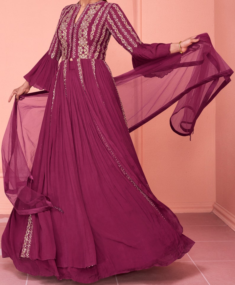 Exclusive dark pink gown on pure georgette with indian inspired touch with embroidery image 3