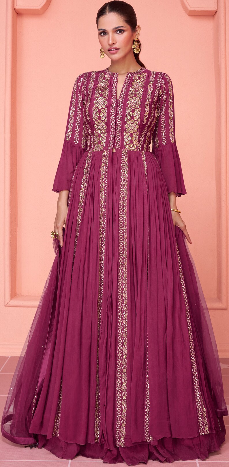 Exclusive dark pink gown on pure georgette with indian inspired touch with embroidery image 5