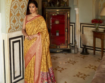 Contrasting yellow red Silk Saree With Tussle on Beautiful Kalamkari Print and Zari Border | Silk Saree |