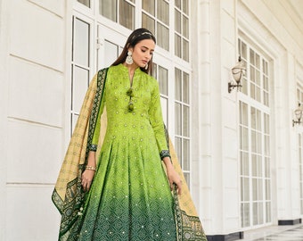 Shaded of green Bandhni Print Gown with Hand work Designer Latkan Kali and Duppatta gown on Dolla Silk Fabric | bandhni gown | designer gown