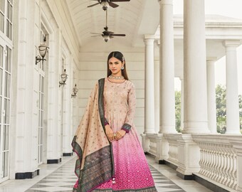 Shaded cream pink Bandhni Print Gown with Hand work Designer Latkan Kali and Duppatta gown on Dolla Silk Fabric | designer gown.