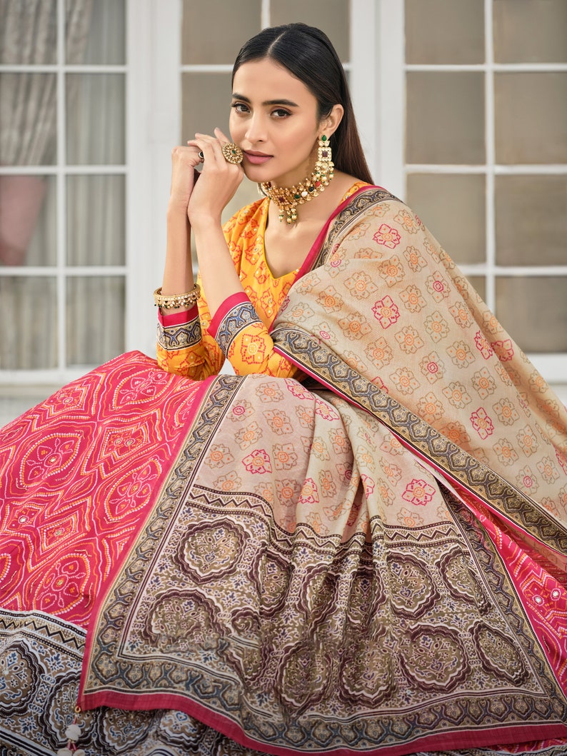 Shaded orange Bandhni Print Gown with Hand work Designer Latkan Kali and Duppatta gown on Dolla Silk Fabric bandhni gown designer gown image 3