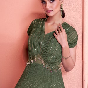 Exclusive green gown on pure georgette with indian inspired touch with embroidery image 3