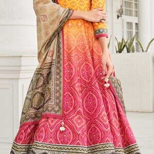 Shaded orange Bandhni Print Gown with Hand work Designer Latkan Kali and Duppatta gown on Dolla Silk Fabric bandhni gown designer gown image 5