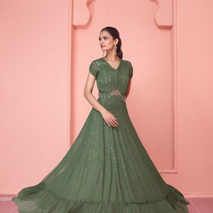 Exclusive green gown on pure georgette with indian inspired touch with embroidery image 1