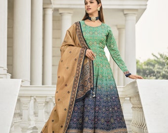 Shaded green blue Bandhni Print Gown with Hand work Designer Latkan Kali and Duppatta gown on Dolla Silk Fabric | bandhni [designer] gown |