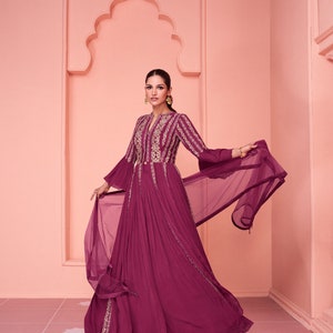 Exclusive dark pink gown on pure georgette with indian inspired touch with embroidery image 1