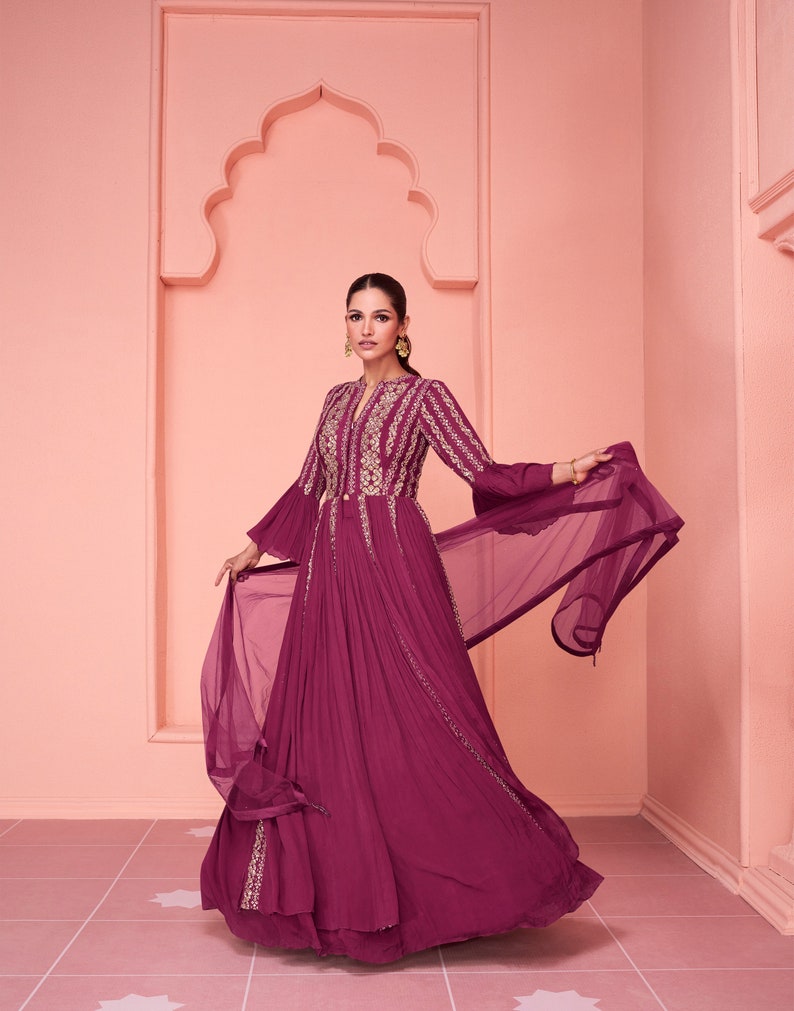 Exclusive dark pink gown on pure georgette with indian inspired touch with embroidery image 1