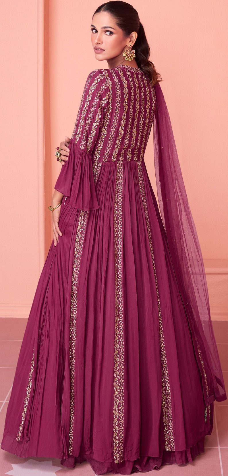 Exclusive dark pink gown on pure georgette with indian inspired touch with embroidery image 4