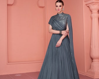 Exclusive grey pink gown on pure georgette with indian inspired touch with embroidery