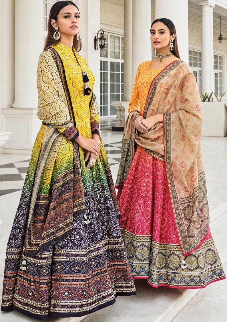 Shaded orange Bandhni Print Gown with Hand work Designer Latkan Kali and Duppatta gown on Dolla Silk Fabric bandhni gown designer gown image 6