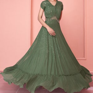 Exclusive green gown on pure georgette with indian inspired touch with embroidery image 5