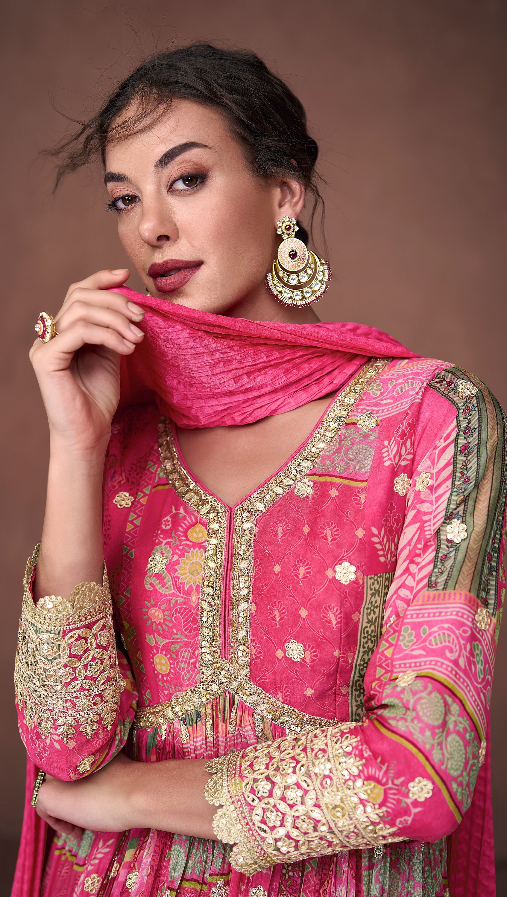 Long dark Pink Anarkali Dress with zari embroidered work