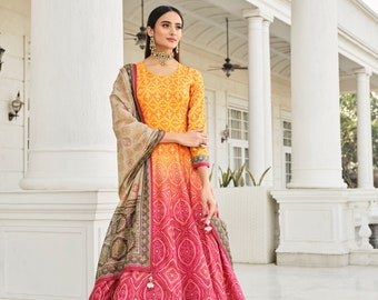 Shaded orange Bandhni Print Gown with Hand work Designer Latkan Kali and Duppatta gown on Dolla Silk Fabric | bandhni gown |  designer gown