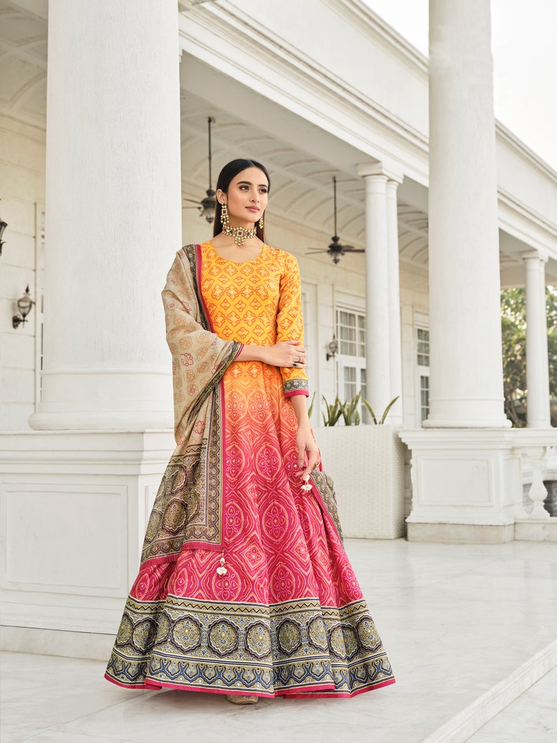 Shaded orange Bandhni Print Gown with Hand work Designer Latkan Kali and Duppatta gown on Dolla Silk Fabric bandhni gown designer gown image 1