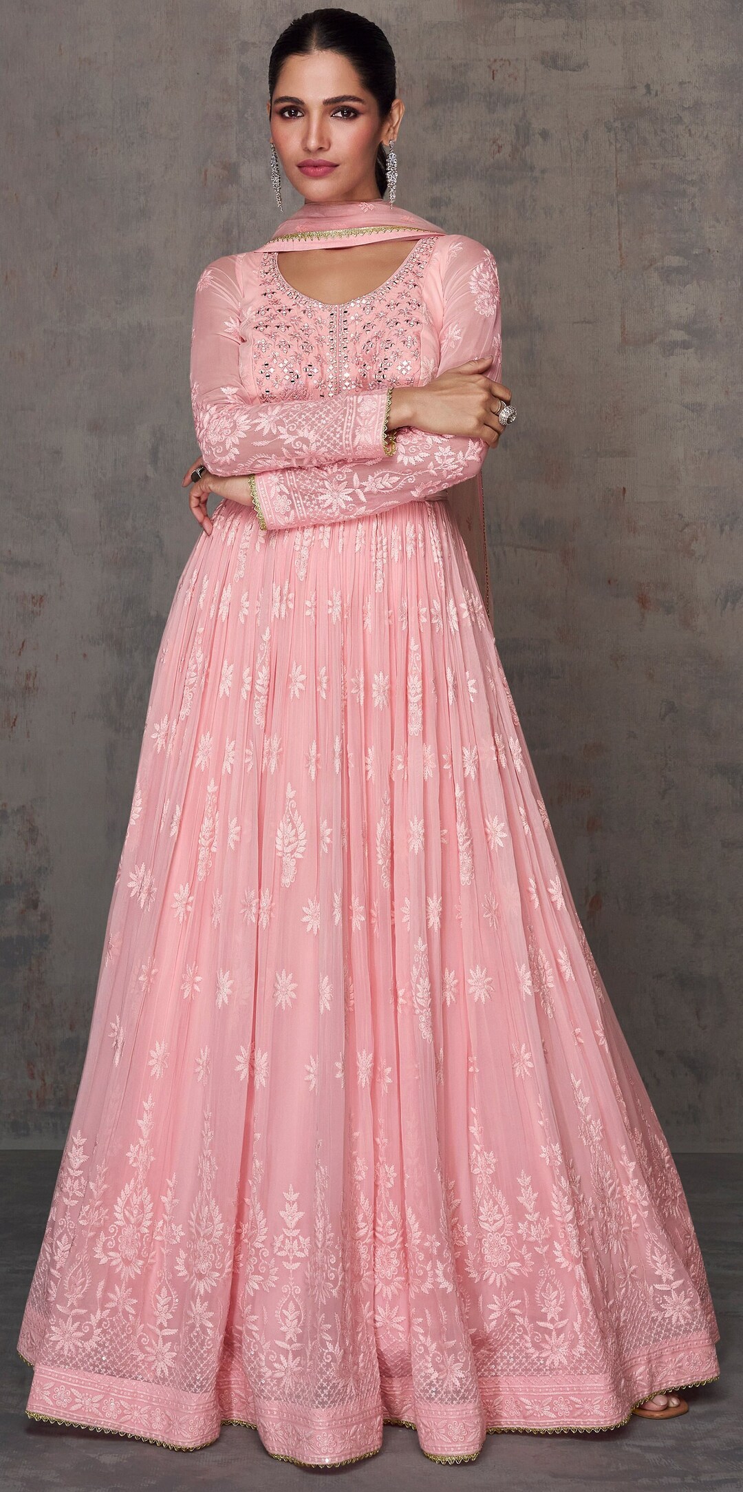 Pink Attractive Looking Pant Suit With Designer Embroidery Work