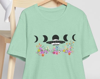Moon Phase Starseed flower Tee UFO Spaceship Galactic Federation of light Celestial Boho vibe tee for festivals family friends Soul Universe