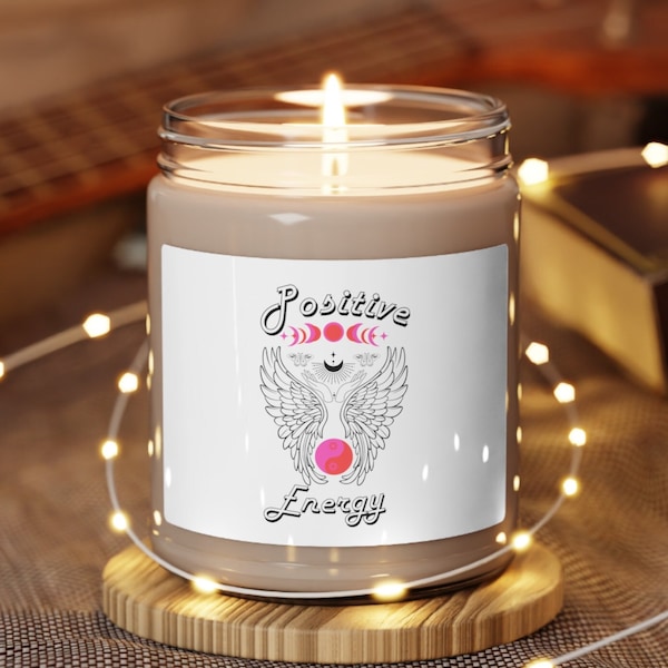 Positive Energy Candle Scented Soy Candle 9oz Angel wings Yin Yang for chakra balance and high frequencies Rid negative energy New home gift