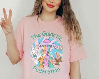 The Galactic Federation Alien UFO Tshirt Butterfly, peace vibes Inspo Graphic Tee gift for friends, festival celebrations or any occasion