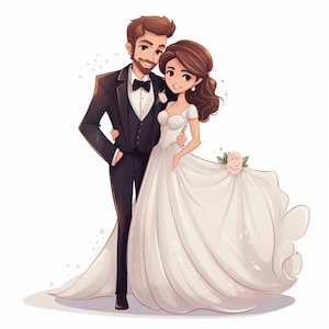 5 つの幸せな漫画の花嫁と花婿のカップル PNG パック – 個人および商業利用のための結婚式のデジタル アート/クリップアート - 結婚式のグラフィック エンゲージメント