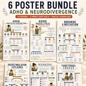 May include: A digital bundle of six educational posters about ADHD and neurodivergence. Each poster features illustrations, diagrams, and text explaining topics like executive dysfunction, paralysis, dopamine, overstimulation, masking, and functional freeze.