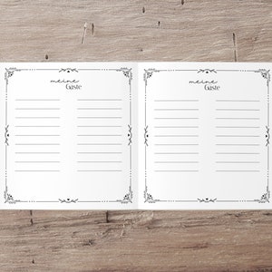 Puede incluir: Un libro blanco abierto con dos p&aacute;ginas que presentan un borde decorativo y el texto "meine G&auml;ste" en cada p&aacute;gina.