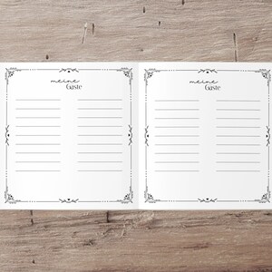 May include: A white, open book with two pages. The pages have a decorative border and the text "meine G&auml;ste" on each page.