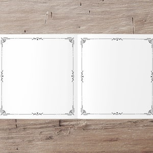 Puede incluir: Un libro blanco abierto, en blanco, con un borde negro decorativo alrededor de cada p&aacute;gina. El libro est&aacute; acostado sobre una superficie de madera.