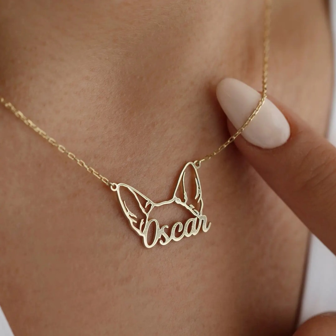 Personalized Dog Name Necklace, Dog Name Necklace, Dog Ears Necklace