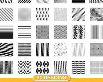 May include: A set of 30 black and white seamless stripe patterns. The patterns are arranged in a grid of 6 rows and 5 columns. The patterns include stripes, zigzags, waves, and other geometric shapes.