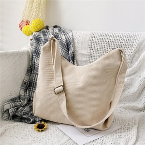 Sacs en velours côtelé rayé pour femmes, sac à bandoulière en toile simple avec fermeture éclair, sac à bandoulière sac à main en tissu écologique livres solides sacs à main pour filles du collège, sac Beige