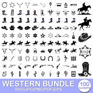 May include: A set of 100 black and white western themed clipart images. The images include cowboys, horses, boots, hats, stars, cacti, guns, and more. The text "WESTERN BUNDLE 100 CLIPARTS" is at the bottom of the image.
