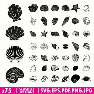 Könnte beinhalten: Ein Set mit 75 schwarzen und weißen SVG-Schneidedateien für Muscheln. Die Bilder zeigen verschiedene Arten von Muscheln, darunter Muscheln, Conch-Muscheln und Seesterne.
