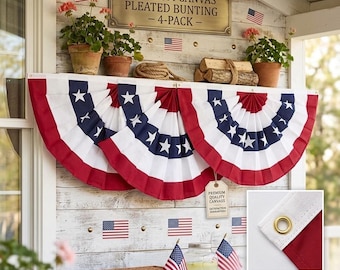 4 Pack Pleated USA Fan Flag 3x6 Ft, American Bunting Flags Half Fan Banner, Patriotic Outdoor Decor, Fourth of July Porch Decorations