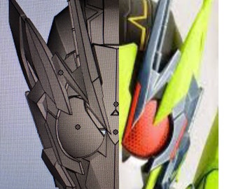 May include: A black and green helmet with a red and black eye piece. The helmet has a sharp, angular design with a yellow and black stripe on the side.