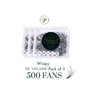 Pack of 3 | Wispy | 500 Fans | 9D volume | 0.05 | Premade Volume Fans Handmade In Vietnam | Pinneacle Eyelash Extension Wholesale Supplier