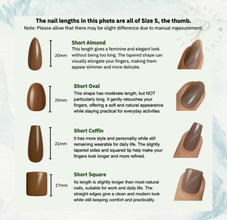 May include: A guide to nail shapes and lengths, featuring Short Almond, Short Oval, Short Coffin, and Short Square styles. Each shape is displayed with a measurement in millimeters and a description of its features. The text in the image says "The nail lengths in this photo are all of Size S, the thumb."