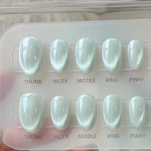 May include: A set of ten oval-shaped, pale green press-on nails. Each nail is labelled with its corresponding finger: thumb, index, middle, ring, and pinky. The nails have a subtle, iridescent shimmer.