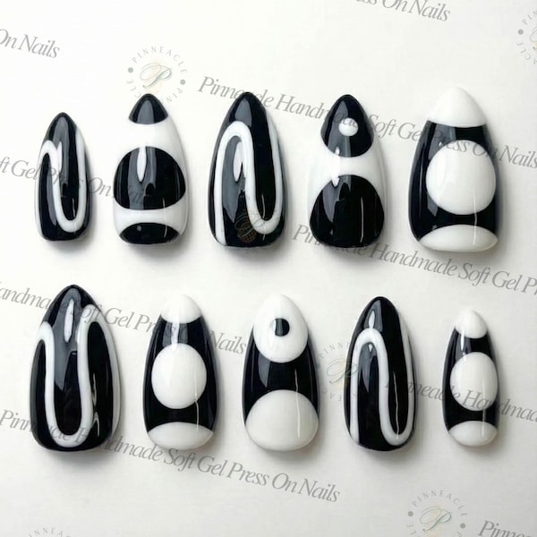 Black White Abstract Press on Nails, Retro 60s Mod Swirl Set, Geometric Circle Op Art Nails, Funky Graphic Gel Manicure Reusable Custom Nail