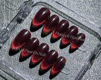 Unhas postiças olho de gato vermelho borgonha, unhas aveludadas vinho escuro, unhas reutilizáveis de luxo estilo "dinheiro velho", unhas postiças estéticas de esposa rica, tamanho personalizado