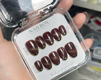 Brown Cat Eye Press On Nails with Clear Tips - Glossy Coffee - Wedding  Brial Nails - Minimal Luxury Reusable Custom Size Press-On Nails