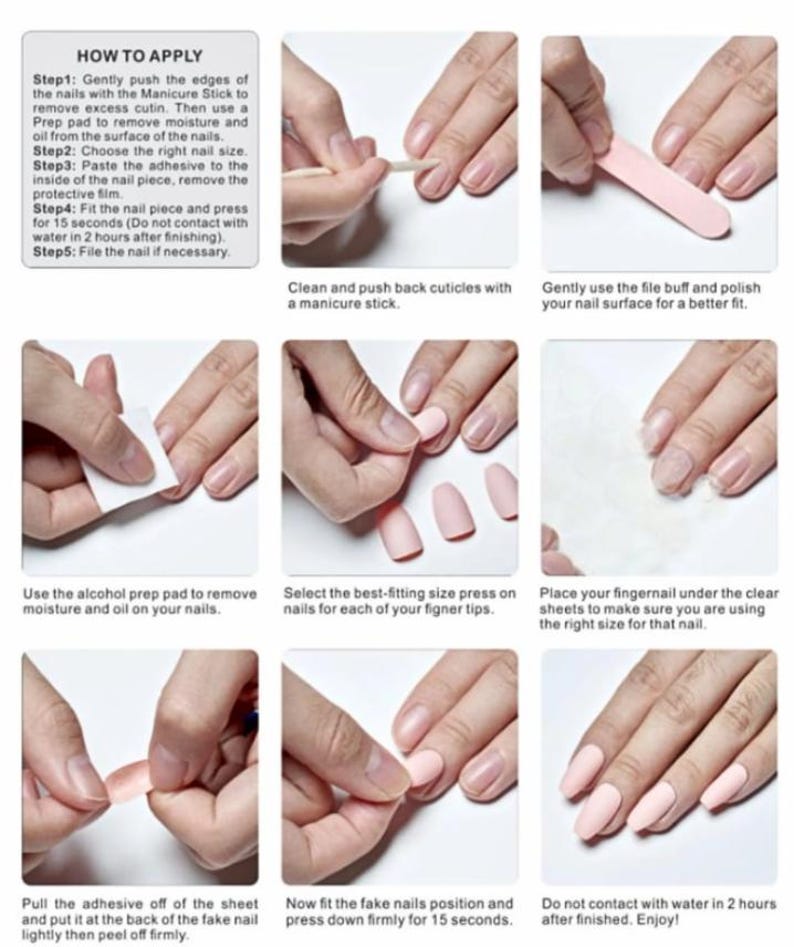 May include: A step-by-step guide for applying press-on nails. The image shows hands using a manicure stick, file, alcohol prep pad, and adhesive to apply the nails. The instructions include prepping the nails, selecting the right size, and pressing the nails for 15 seconds.