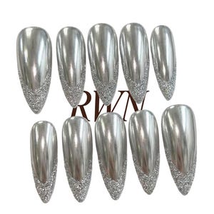 Silver Chrome Nails, Glitter French Tip, Metallic Press On, Long Stiletto Fake Nails, Diamond Manicure, Y2K Nail Art, Luxury Pinneacle