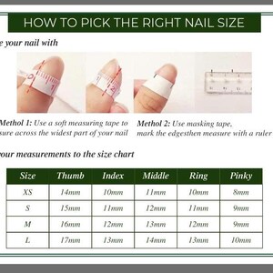 May include: An instructional guide titled "HOW TO PICK THE RIGHT NAIL SIZE". It shows how to measure nails using tape or masking tape and a ruler. A size chart is included, listing nail sizes in millimeters for thumb, index, middle, ring, and pinky fingers.