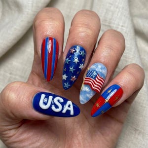 3D USA Letters Press on Nails, 4th of July Sky Cloud Flag Nails, Custom Starry Blue Reusable Handmade Holiday Glue on Luxury Set, Gift